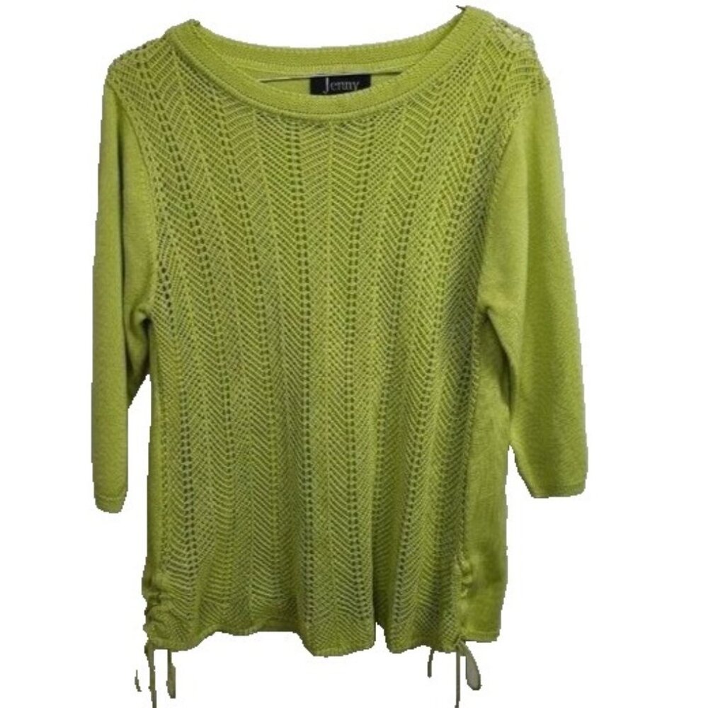 Vintage Jenny Womens Sweater Large Lime Green Cinched Open Knit 3/4 Sleeve Retro